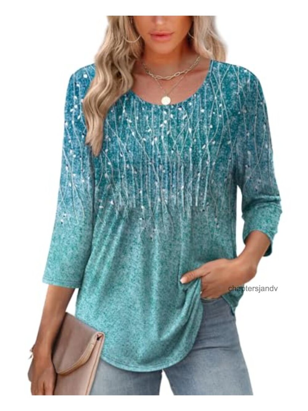 Women's 3/4 Sleeve Pleated Tunic Blouse Loose Fit Curved Hem